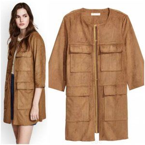 H&M Faux Suede Open Front Camel Coat Size 16
